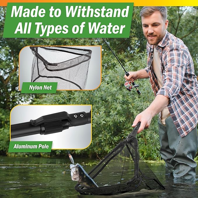 Fly Fishing Net with Handle - Soft Mesh Catch and Release Rubber Fly Fish Net with Lightweight Wood Frame and Safety Lanyard - Landing Bass and Trout Fishing Gear by Wakeman Outdoors