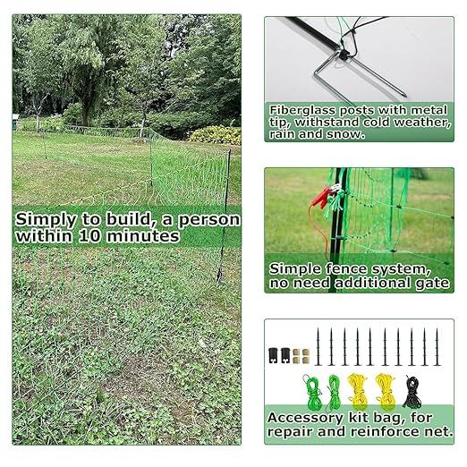 Electric Fence Netting, 47.2" H x 164' L, Portable Livestock Nets with 14 Posts Double Spiked for Hog, Dogs, Deer, Goats, Electric Fencing for Backyards, Homesteaders, Farms, Ranches, Gardens