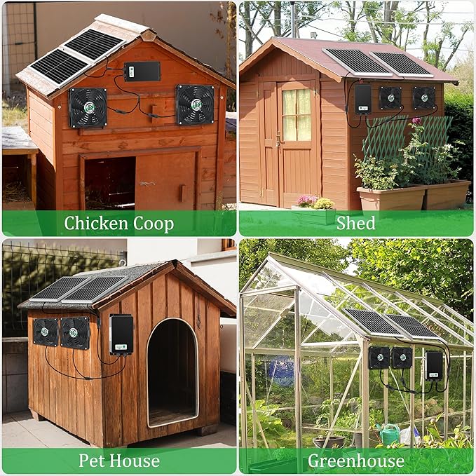 5.5" Solar Rechargeable 2 Fan Kit for Intake or Exhaust air, Weatherproofed 50W Solar Powered Fans for Outside Chicken Coops, Greenhouses, Shed, Pet House Air Ventilation