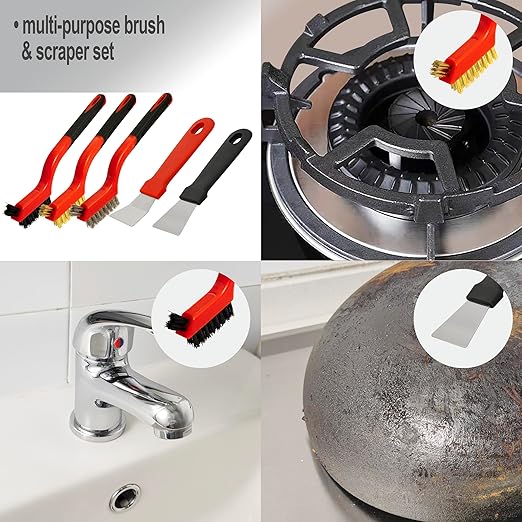 Generic 5Pcs Wire Brush and Scraper Set, Stainless Steel, Brass, Nylon Bristles, 3 Large Brushes, 2 Scrapers, Effortless Handling, Versatile Cleaning, Rust, Paint, Grease Removal