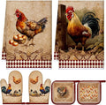 Leinuosen 6 Farm Rooster Farmhouse Kitchen Decor Dish Towels Oven Mitts and Pot Holders Sets Chicken Kitchen Towels Absorbent Decorative Accessories for Cooking Baking Grilling