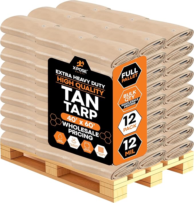 Heavy Duty Tan Poly Tarp 40' X 60' - Bulk Full Pallet (12 Pack) - Multipurpose Protective Cover - Durable, Weather Proof & Tear Resistant - 12 Mil Thick Polyethylene - by Xpose Safety