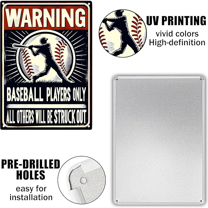Warning Baseball Players Only Tin Signs-Metal Signs Baseball Posters,Baseball Gifts for Boys 8-12 for Boys Room Wall Decor(8×12 inch)