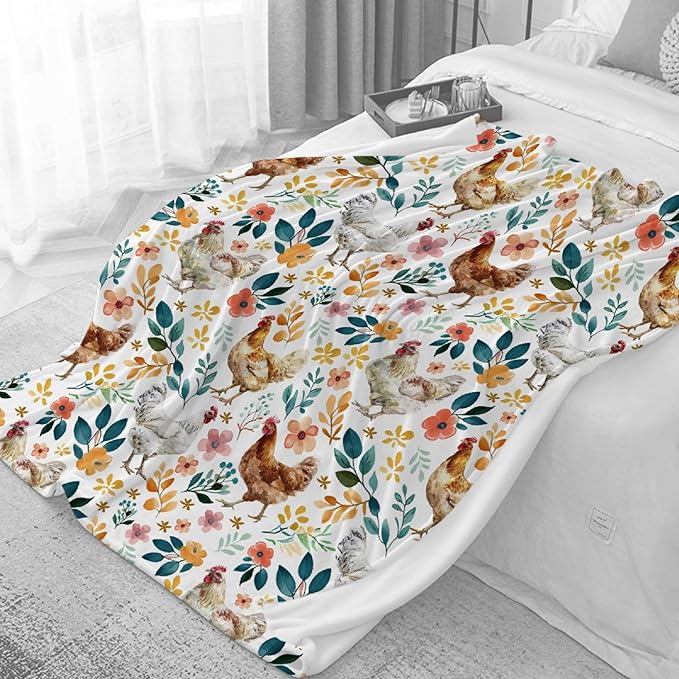 Chicken Blanket for Farmer Lover, Floral Chicken Gifts for Women, Ultra-Soft Rooster Hen Throw Blanket for Couch Bed Living Room, Farmhouse Decor Farm Chicken Lovers Gifts, 60"x80"-Adults/Twin Size