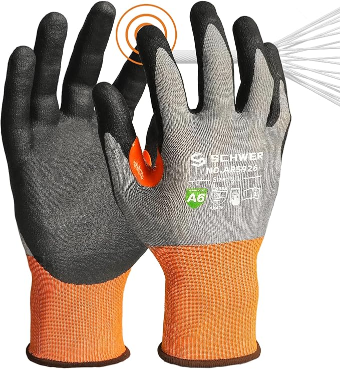 Schwer A6 AIR-SKIN Cut Resistant Work Gloves, Comfortable & Breathable, 21-Gauge Seamless Knit Flexible Safety Working Gloves with Grip for Refined Tasks, Touch-screen, 1 Pair, L, AR5926