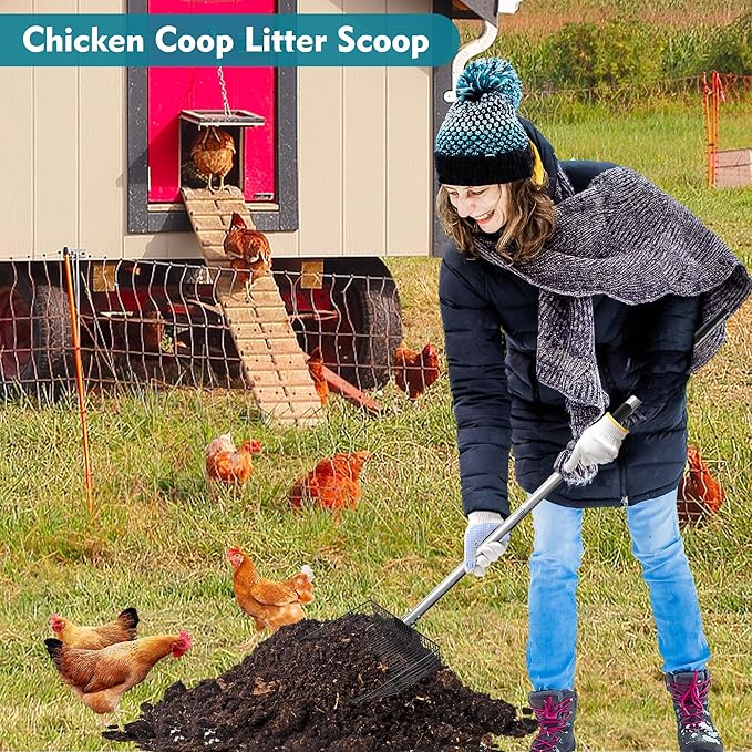 Chicken Poop Scooper 10 Inch, Anglecai Large Chicken Coop Litter Scoop 22'' to 62" Long Litter Sifting Shovel 4 in 1 Multifunctional Poop Shovel for Poultry Coop Cleaning Tool