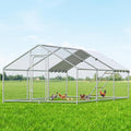 Large Metal Chicken Coop with Roosting Perch, Waterproof and UV-Resistant Cover,Outdoor Walk-in Cage Hen House for Yard Farm Rabbit Duck Chicken Run with Spire Roof (10'W x 19.7'L x 6.4'H)