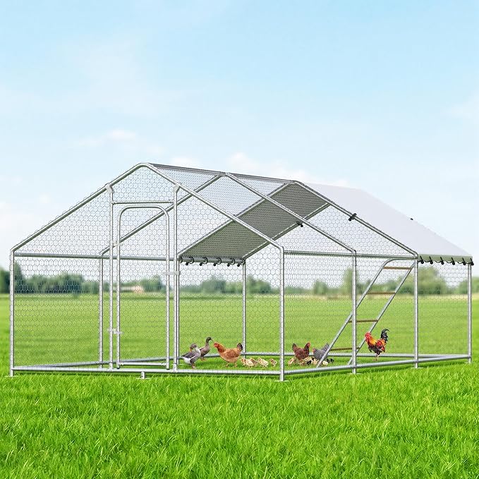Large Metal Chicken Coop with Roosting Perch, Waterproof and UV-Resistant Cover,Outdoor Walk-in Cage Hen House for Yard Farm Rabbit Duck Chicken Run with Spire Roof (10'W x 19.7'L x 6.4'H)