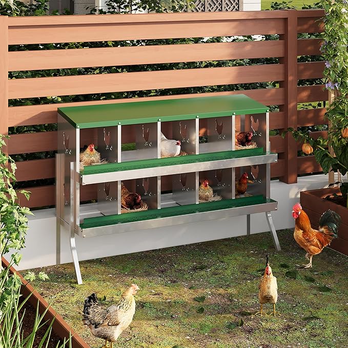 Metal Nesting Boxes for Chickens - 10 Compartments Chicken Roosting Boxes, Chicken Coop Nest Box with Legs, Perch & Lid - Versatile Wall Mount or Free Standing for Backyard Flock, Homestead, Farm