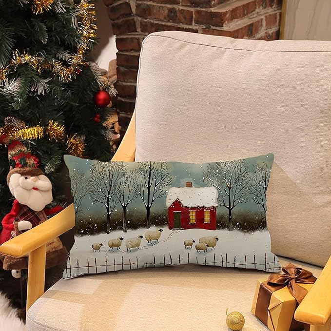 Christmas Sheep Pillow Cover 12x20 Inch Sheep Red Wonderland Forest Tree Decoration Holiday Farmhouse Pillow Case Decor for Home Sofa Couch