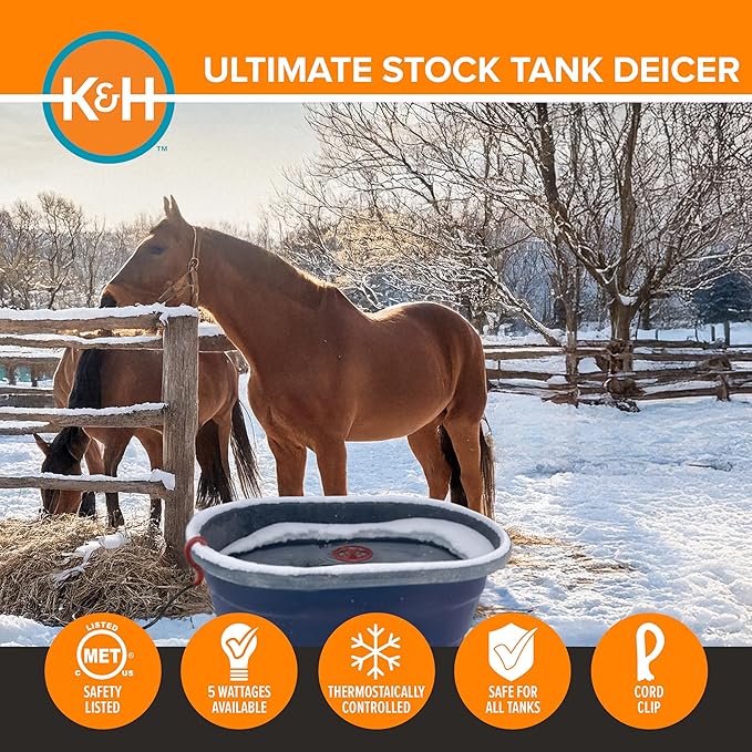 K&H Thermostatically Controlled Stock Tank Deicer – Floating or Submersible Livestock Water Heater with Protective Cage & Cord Clip – Safe for Plastic, Rubber & Metal Tanks - 1000 Watt