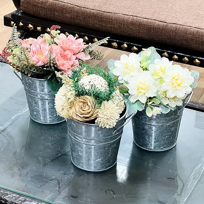 Hosley Set of 3 Galvanized Acid Wash Finish Bucket/Pots with PVC Liner 5" Dia x 5" H, Ideal Gift for Floral Arrangements Wedding Home Office Party DIY Indoor Outdoor Garden Patio