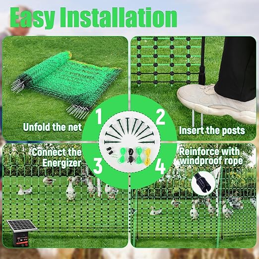 48" x 164' Electric Chicken Fence, Electric Poultry Netting for Chicken, Duck and Goat, Portable Anti-Predator Electric Fencing in Farms, Ranches, and Gardens (16 Posts, 2 Spikes)