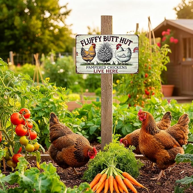 Funnysign Vintage Fluffy Butt Hut Pampered Chickens Live Here Chicken Tin Sign for Chicken Coop Farm Kitchen Garden Yard Decor 8x12 inch (3941)