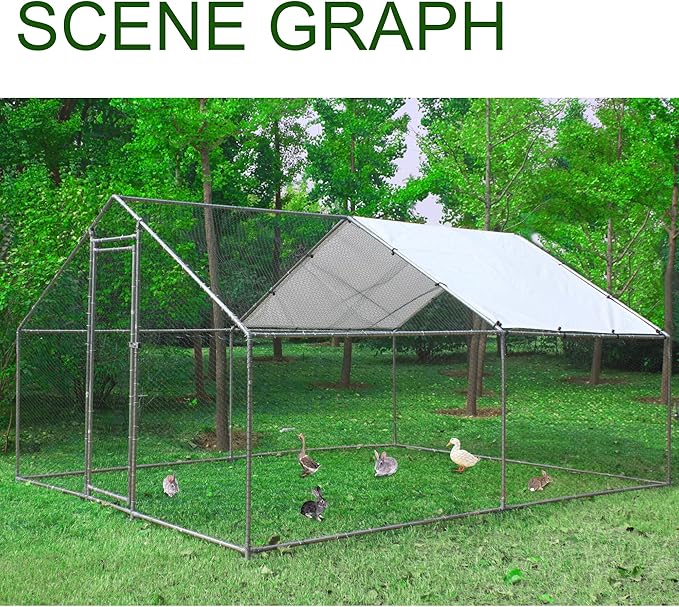 IchbinGo Large Metal Chicken Coop with Waterproof Cover, Walk-in Metal Poultry Cage Spire Shaped Chicken Coop Run, Chicken Run with Anti-UV Cover for Outdoor Backyard Farm (10' L x 13 W x 6.56' H)