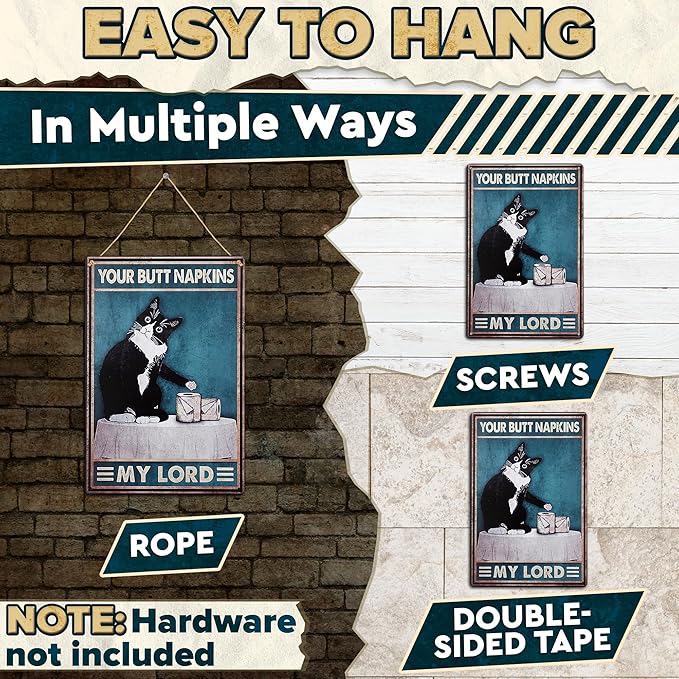 Funny Cat Bathroom Sign – “Your Napkin My Lord” 12 x 8 inch Tin Sign, Rustic Black Cat Wall Decor for Home, Farmhouse Bathroom Metal Plaque, Vintage Cat Wall Art for Toilet or Guest Bath
