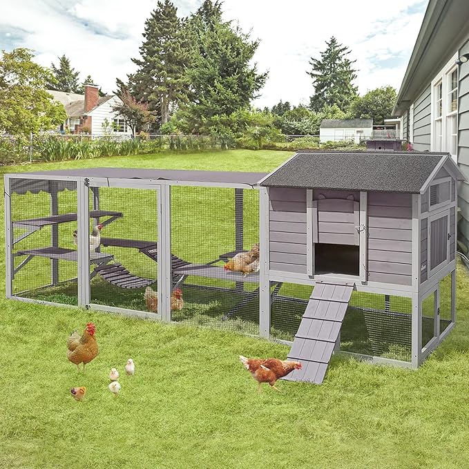 Large 2-Story Wooden Chicken Coop with Weatherproof Run & Canopy - Spacious Hen House for 6-8 Chickens, Rabbits, Ducks - Easy-Clean Design