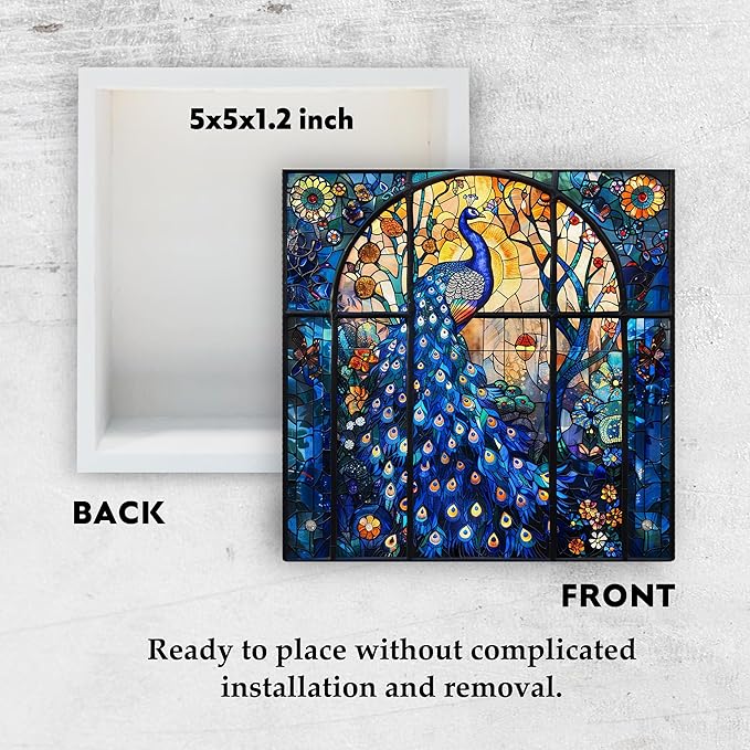 Peacock Gifts Wooden Sign - Peacock Feather Art Church Decor, Rustic Colored Glass Art Wooden Box Sign for Home Library Cafe Bathroom Table Desk Shelf Decoration, 5x5 Inch