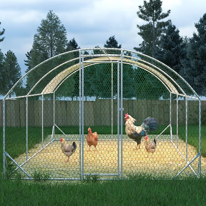 KEIKI Large Metal Chicken Coop, Chicken Run with Waterproof Cover, Farm Poultry Run Hutch Hen House, Heavy Duty Outdoor Walk-in Chicken Pen for Poultry Duck Rabbit, 19.68ft x 9.84ft x 6.56ft