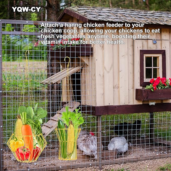 Hanging Chicken Feeder, Foldable Chicken Vegetable Feeder, Golden Poultry Fruits Feeding Holder Basket with Hanging Chain, Veggie Treat Ball Toys Cage for Chicken Hen Coop Accessories