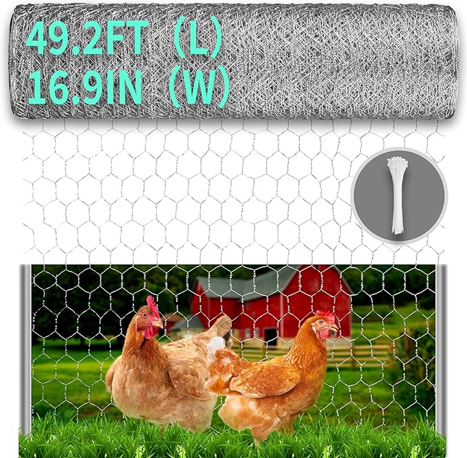 Chicken Wire, 16.9in x 49.2ft Poultry Netting for Garden, 0.6 Inch Hexagonal Galvanized Hardware Garden Fence for Craft Projects, Pet Dog, Rabbit Chicken Fence