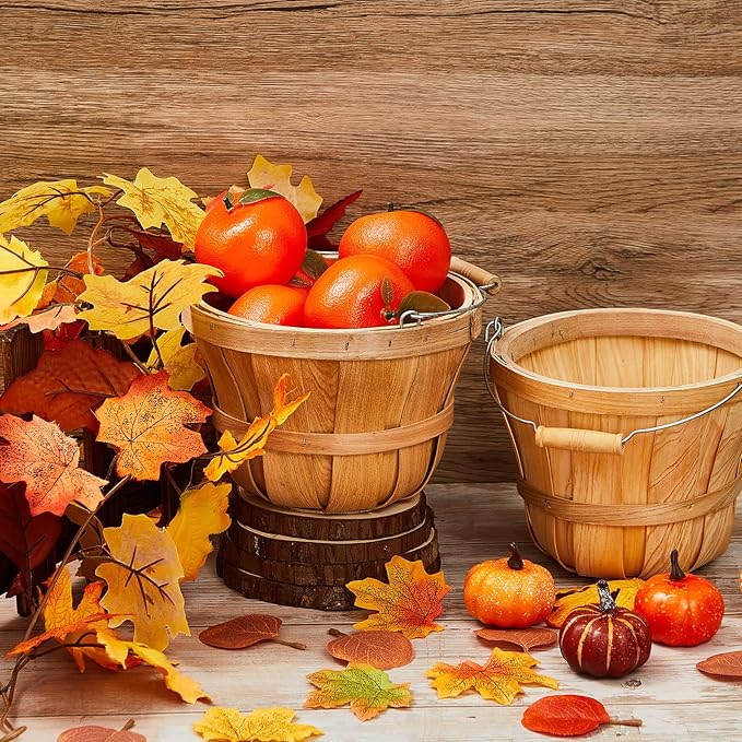 6 Pack Round Wooden Fruit Baskets Small Bushel Apple Buckets with Handle Display Buckets for Gifts Empty Easter Spring Winter Basket for Fruits Vegetables, Home Party Supplies