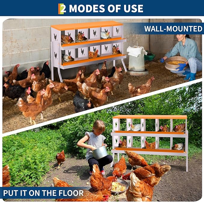 Chicken Nesting Boxes, 10-Hole Roll Away Nest Box for Chicken Coop, Metal Egg Laying Box with Perch & Lid Cover to Protect Eggs, Rollout Egg Collection, Vented Holes- with Legs Orange