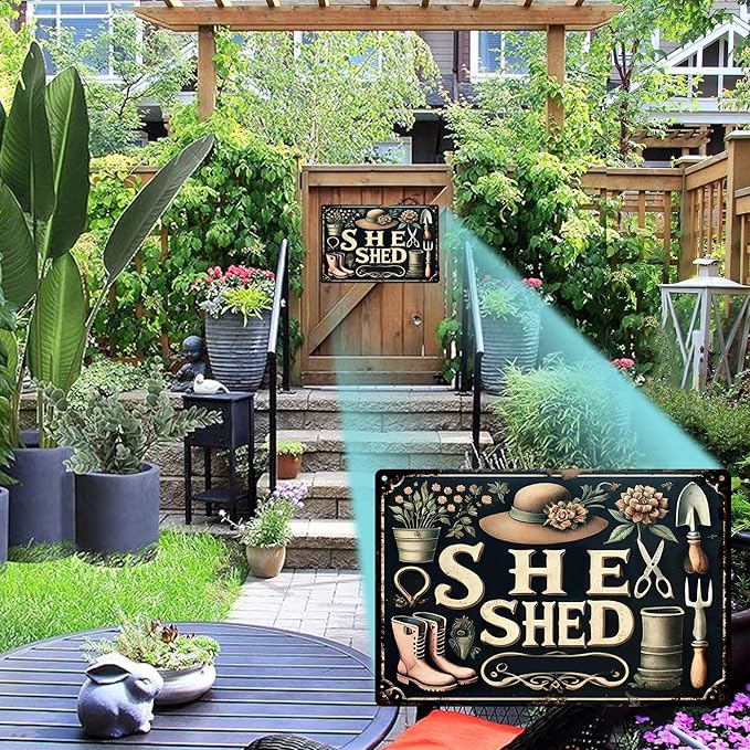 Vintage Garden Metal Signs - She Shed Tin Sign, Retro Rustic Outside Poster Sign Gardening Lover Gifts Fence Decoration Wall Art Decor 8x12 inch