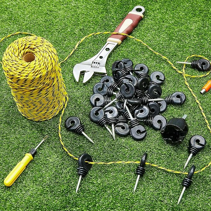 Sweetude 660 Feet Electric Fence Polywire and 100 Pcs Electric Fence Insulator with 1 Pcs Insulator Socket Tool Resistant Glove Electric Fence 6 Stainless Steel Strands for Fence Landowner Farmer