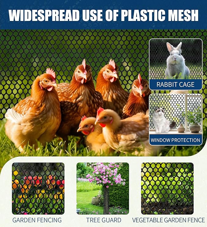 Heavy-Duty Black Plastic Chicken Wire Mesh, 16in x 16.4ft Plastic Mesh Roll with 30 Zip Ties for Poultry Coop, Rabbit Run, Plant Support, Garden Fencing and Balcony Barrier