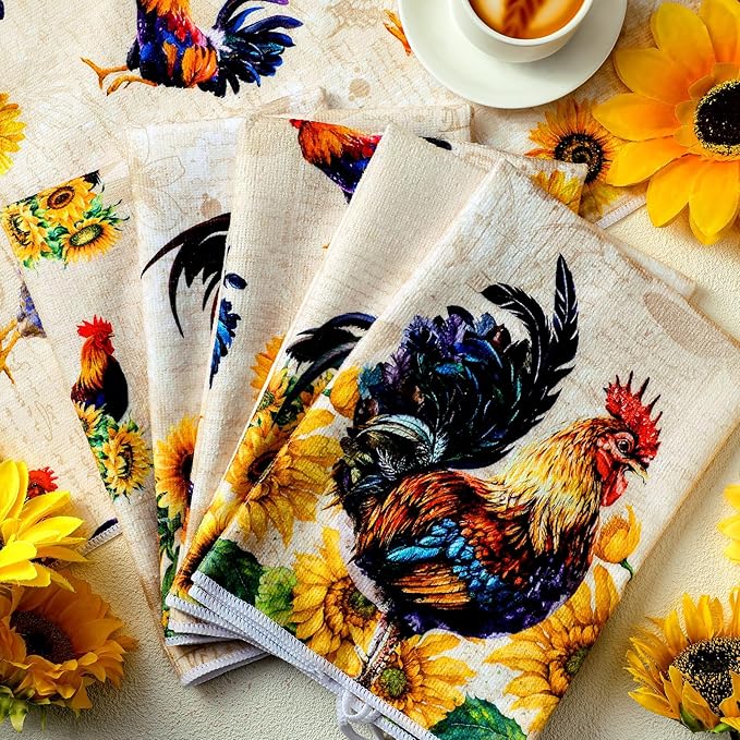 Bencailor 6 Pcs Farmhouse Kitchen Towels Chicken Rooster Kitchen Decor Farm Animal Hand Towels for Cooking Baking Housewarming Gift,15.75 x 23.62 inch(Yellow,Sunflower Chicken)