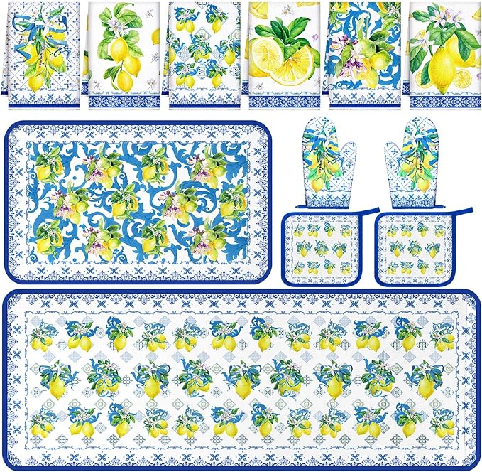 10 Pcs Kitchen Dish Towels Rugs Oven Mitts and Pot Holders Kit Farmhouse Kitchen Decor Set Gloves Vintage Potholders for Baking Cooking Chef(Blue, White, Lemon)