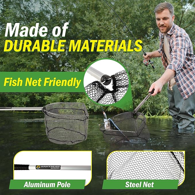 Fly Fishing Net with Handle - Soft Mesh Catch and Release Rubber Fly Fish Net with Lightweight Wood Frame and Safety Lanyard - Landing Bass and Trout Fishing Gear by Wakeman Outdoors