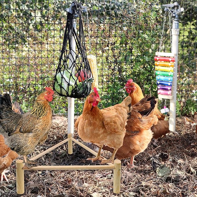 9 Pack Chicken Toys for Coop Accessories, Chicken Enrichment Toys with 2 Swing, 1 Wood Stand, 1 Xylophone, 1 Mirror, 2 Vegetable Net Bag, 2 Vegetable Fruits Hanging Fork
