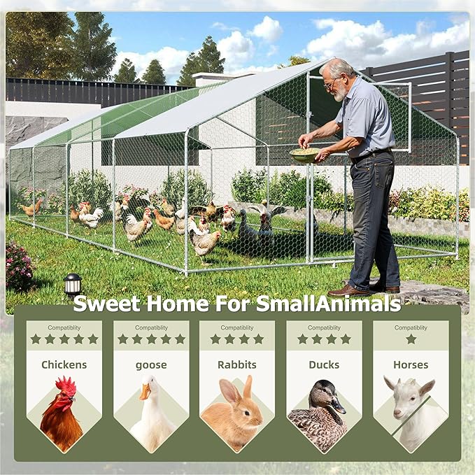 Large Metal Chicken Coop,19.7x9.8x6.4 FT Chicken Run for Yard with Waterproof & Anti-UV Cover,Walk in Chicken Pen with Feeding Door (26.2 * 9.8 * 6.4 ft)