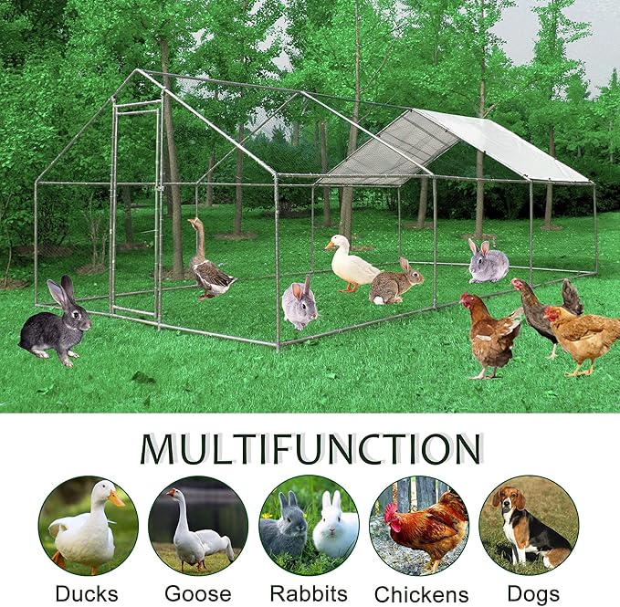 IchbinGo Large Metal Chicken Coop with Waterproof Cover, Walk-in Metal Poultry Cage Spire Shaped Chicken Coop Run, Chicken Run with Anti-UV Cover for Outdoor Backyard Farm (10' L x 20' W x 6.56' H)