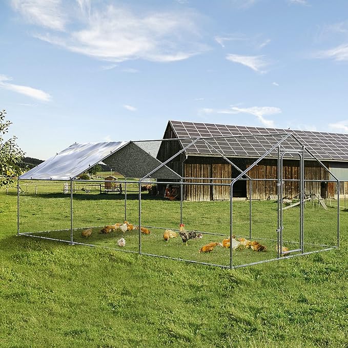 Large Chicken Coop Metal Chicken Run for Yard Walk-in Poultry Cage Heavy Duty Chicken Pen with Waterproof and Anti-UV Cover for Outdoor Farm Use