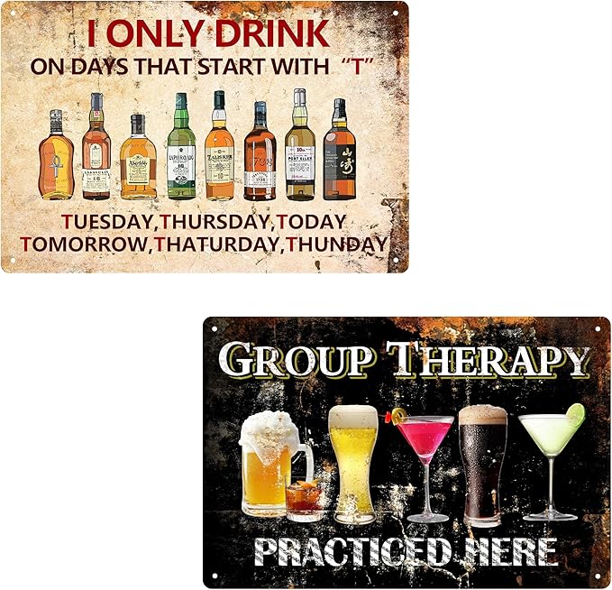 2Pcs Funny Group Therapy Metal Sign Vintage Man Cave Bar Decor Retro I Only Drink Wall Art Decor Iron Painting Vintage Garage Wall Decor Caffe Bar Living Room Wall Decor Plaque 12x8 In