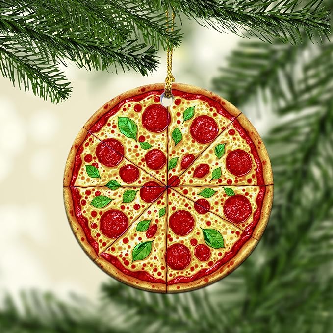 Pizza Ornaments for Christmas Tree - Pizza Gifts for Food Lovers, Women, Men - Food Ornaments for Christmas Tree - Pepperoni Lovers Ceramic Ornament