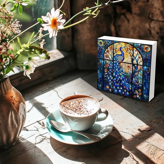 Peacock Gifts Wooden Sign - Peacock Feather Art Church Decor, Rustic Colored Glass Art Wooden Box Sign for Home Library Cafe Bathroom Table Desk Shelf Decoration, 5x5 Inch