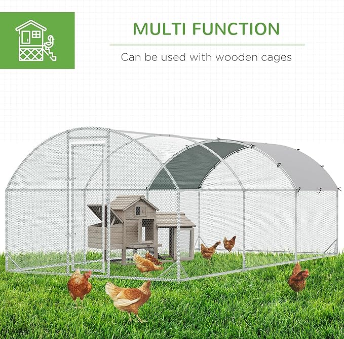 PawHut Large Chicken Coop Metal Chicken Run with Waterproof and Anti-UV Cover, Dome Shaped Walk in Fence Cage Hen House for Outdoor and Yard Farm Use, 1" Tube Diameter, 9.2' x 18.7' x 6.5'