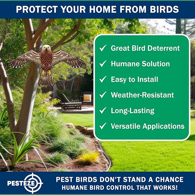 PESTEZE USA Hawk 47x27 Inch Kite with 13 Ft Flagpole. Provides Humane Bird Deterrence in Yards & Farms. Protects Vegetables, Fruits & Crops from Pest Birds & Critters