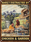 Chicken Vintage Tin Sign Easily Distracted By Chicken & Garden Metal Sign For Garden Home Decor 16x12 Inch