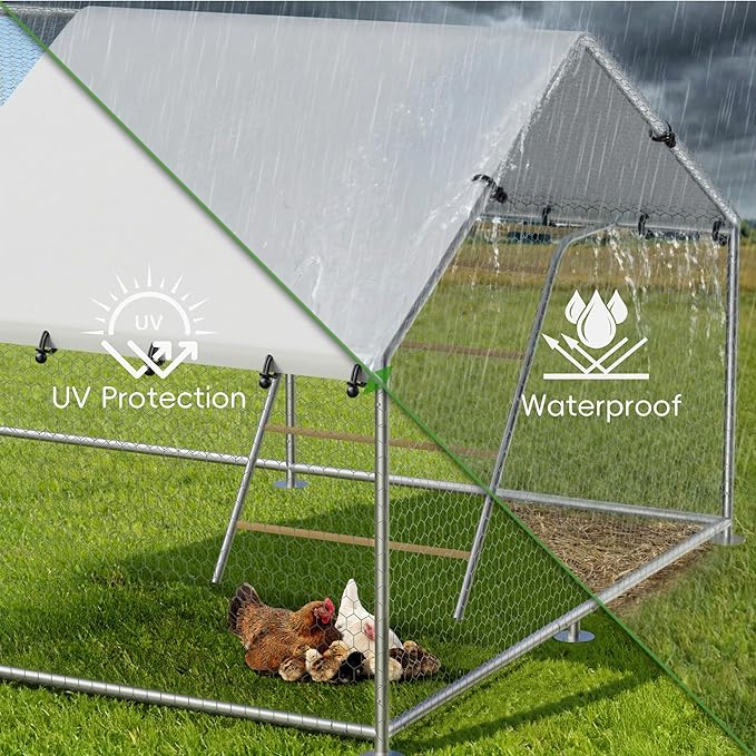 Large Metal Chicken Coop Run with Roosting Perch, Outdoor Waterproof & UV-Resistant Cover for Chickens, Ducks, Rabbits, Hens in Yard or Farm Use Spire Roof (13.1'Wx19.7'Lx 6.5'H)