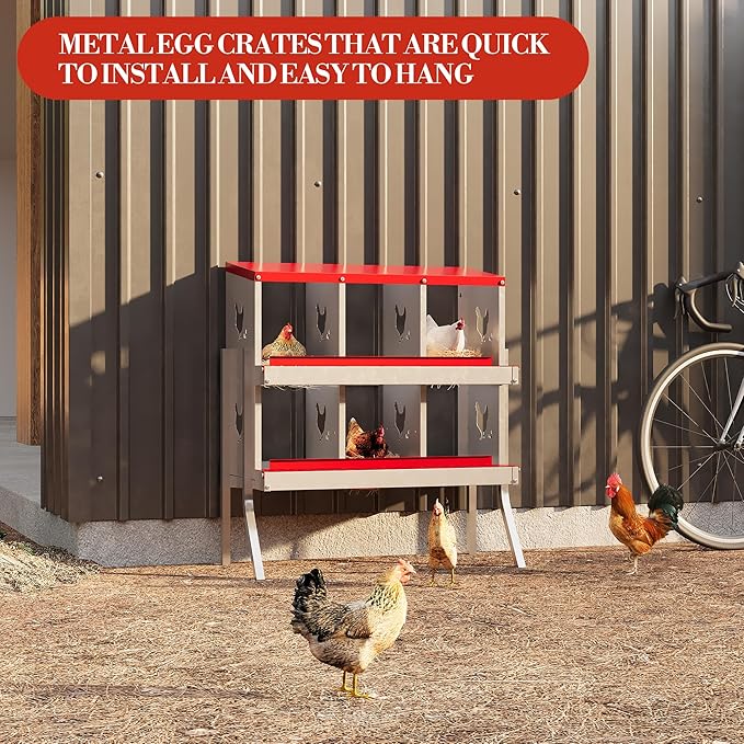 Metal Nesting Boxes for Chickens - 6 Compartments Chicken Roosting Boxes, Chicken Coop Nest Box with Legs, Perch & Lid - Versatile Wall Mount or Free Standing for Backyard Flock, Homestead, Small Farm