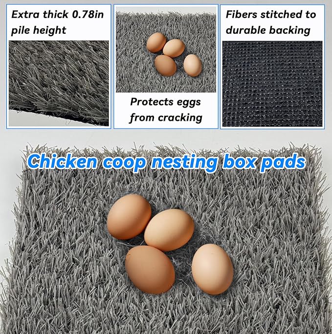 6 Pcs Chickens Nesting Box Pads -12×12",Washable Chickens Nesting Pads Artificial Grass Rug Reusable Hens Nest Boxes Pad Chicken Coop Bedding for Laying Eggs (Grey)