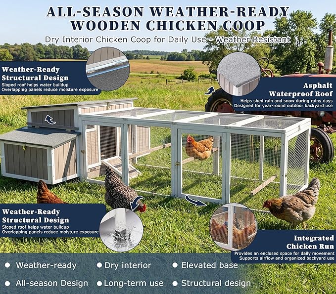 Outdoor Chicken Coop Wooden Hen House with Run for 2-4 Chickens Hens Coop for Backyard Weatherproof Roof, Nesting Box, Roosting Bar, Pull-Out Tray for Small Pets Rabbit (COOP84+RUN88)