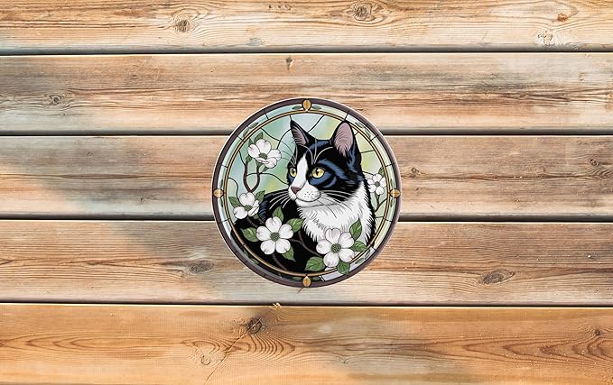 AWISZZZ Tuxedo Cat Metal Sign 8x8in Round Cute Plaque for Cat Lover Wall Decor Feline Aesthetic Gift