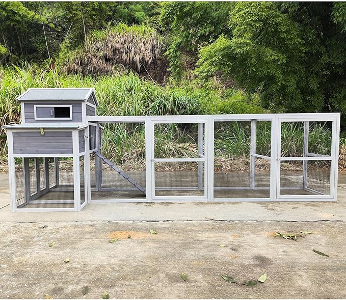 Large Wooden Chicken Coop Outdoor Hen House with Nesting Box，Walk-in Poultry Cage with Secure Locks, Metal Mesh Run for Backyard Farm Use (Gray 150")
