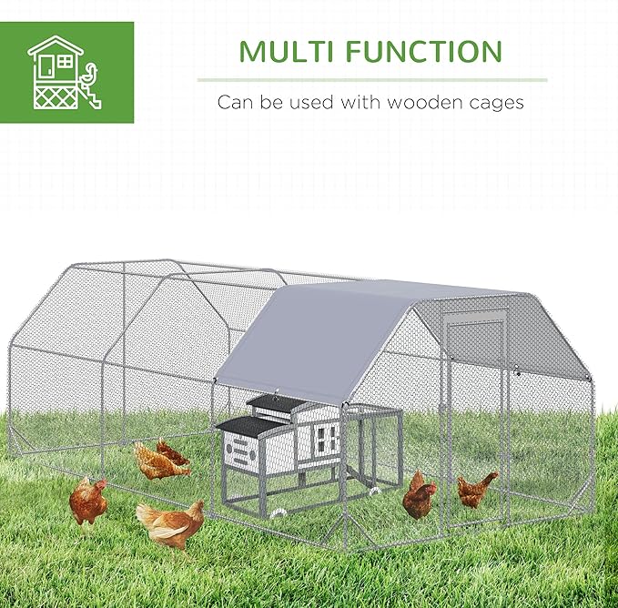 PawHut Large Chicken Coop Metal Chicken Run with Waterproof and Anti-UV Cover, Flat Shaped Walk in Fence Cage Hen House for Outdoor and Yard Farm Use, 1" Tube Diameter, 9.2' x 18.7' x 6.4'